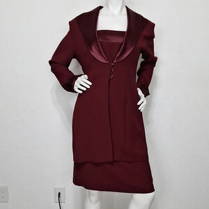 Vintage NEW Jolibel Burgundy Formal Elegant Dress & Satin Lapel Jacket Set Sz.10